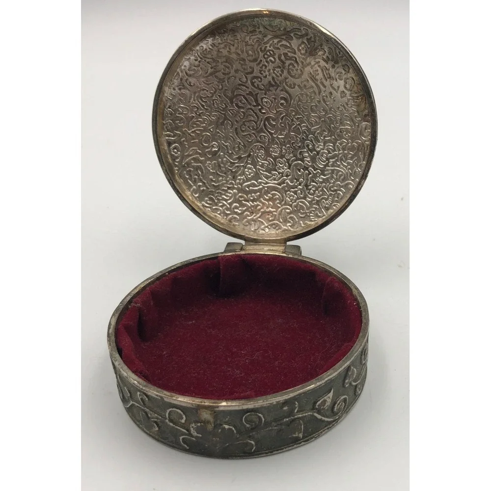 Vintage Silver Plate Round Repousse JEWELRY CASKET Lined Red Velvet BOX 3